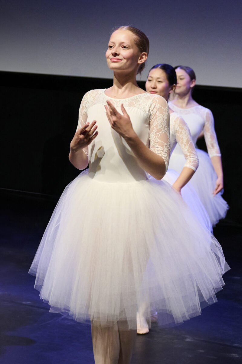 Eventfotografie Düsseldorf Ballettaufführung, klassische Choreographie, 3 Tänzerinnen auf Spitzen posierend in klassischen, weißen "Schwanensee"-Kleidern